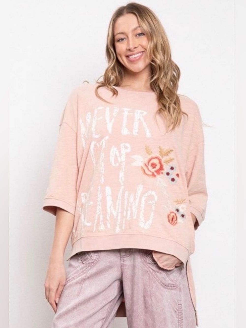 BLUE VELVET HI LO NEVER STOP DREAMING EMBROIDERED TOP
